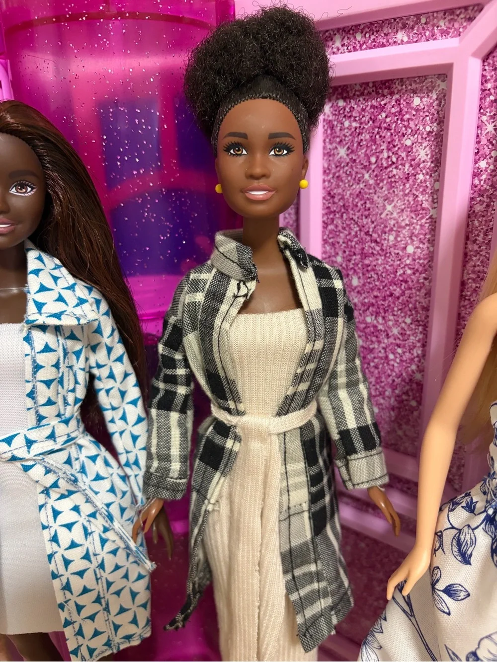 Barbie Dolls Outfit Set with Blue Patterned Trench and Black Plaid Coat